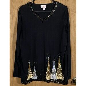 Quacker Factory Women's Lg Sequins Christmas Tree Sweater Sparkly Holiday Party